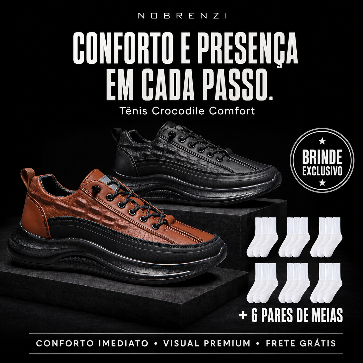 Tênis Crocodile Comfort + [BRINDE KIT 6 PARES DE MEIA]